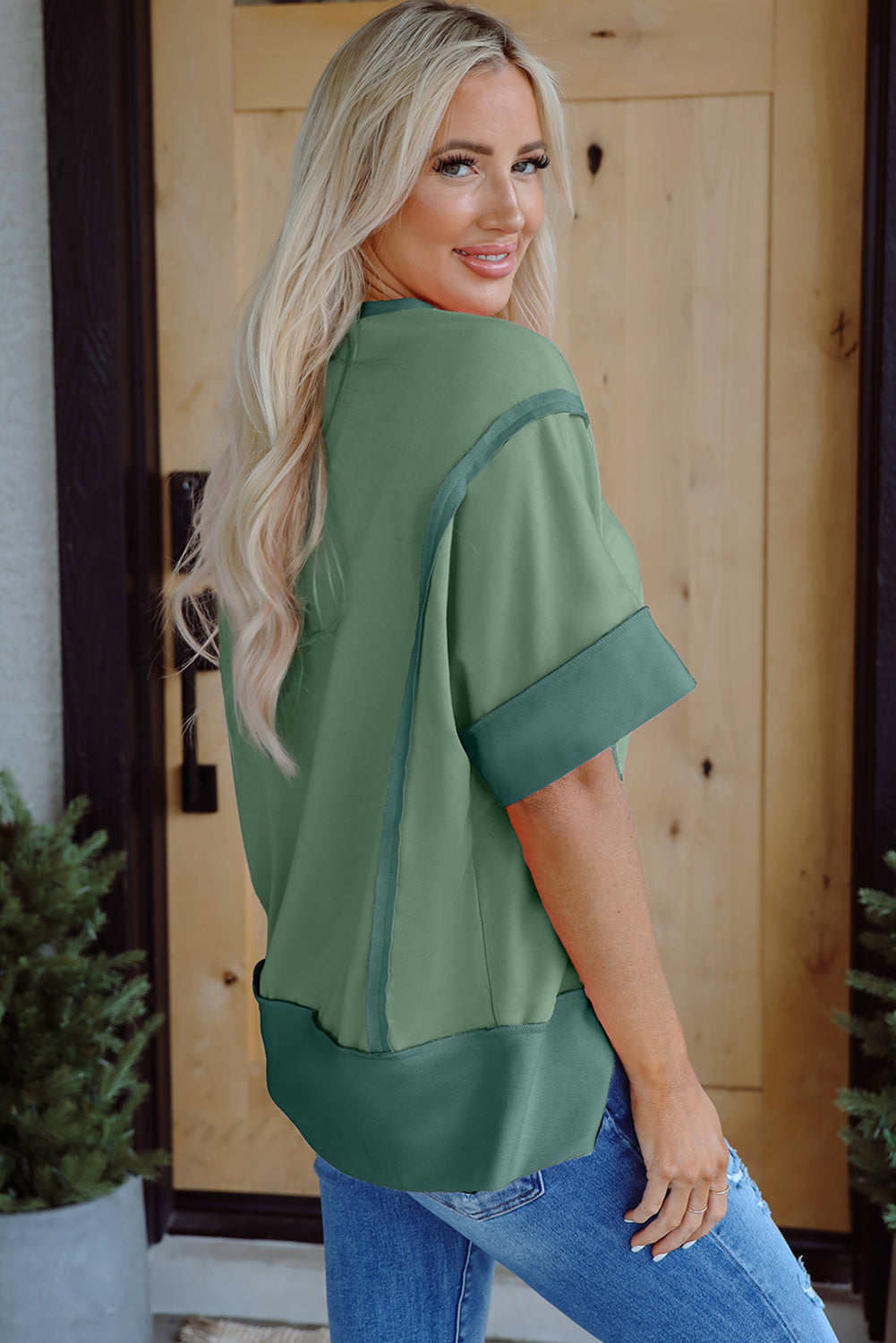 Green Half Sleeve Raw Seam High Low Side Split Top eAura
