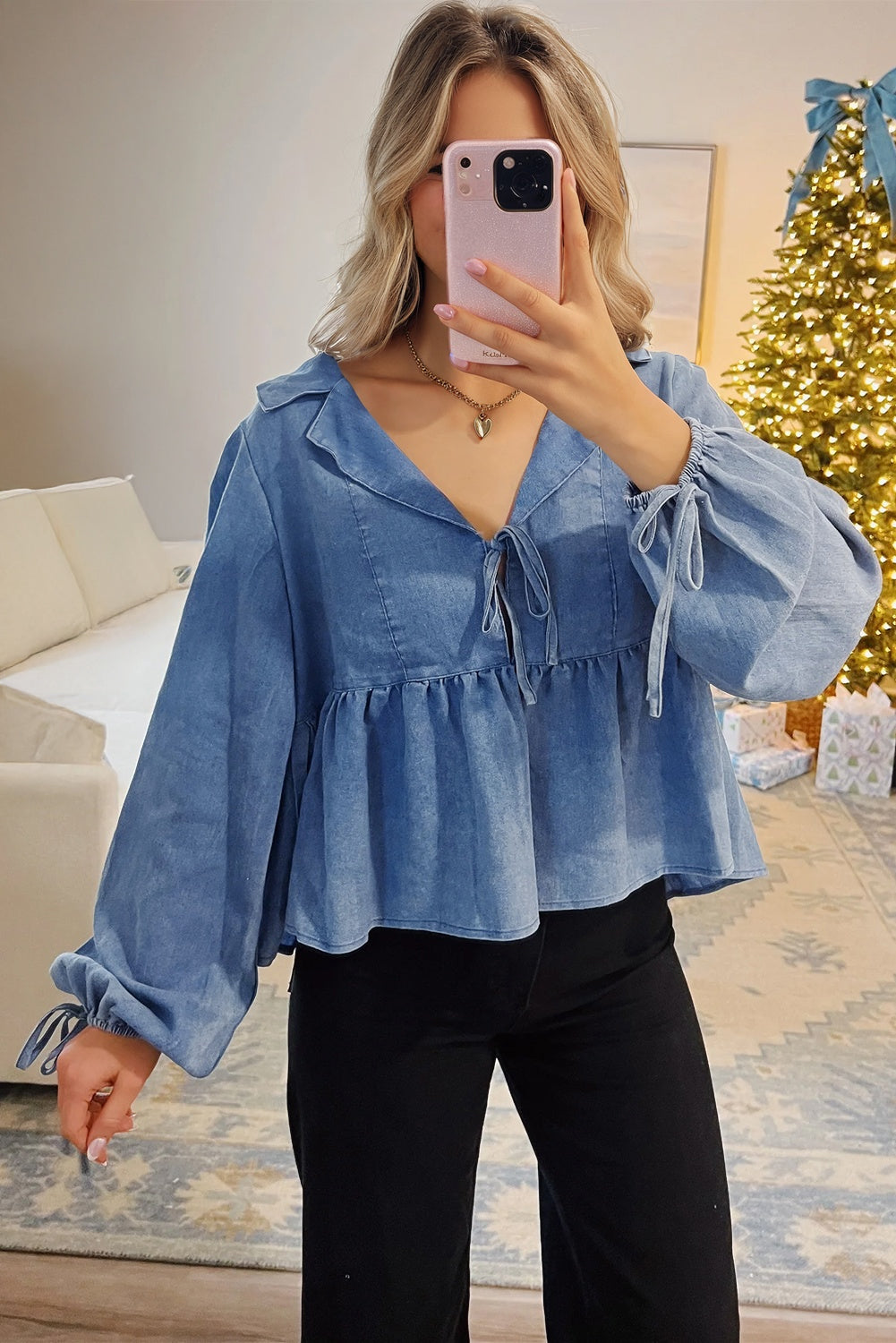 Dusk Blue Denim Lapel Neck Balloon Sleeve Tied Peplum Top eAura
