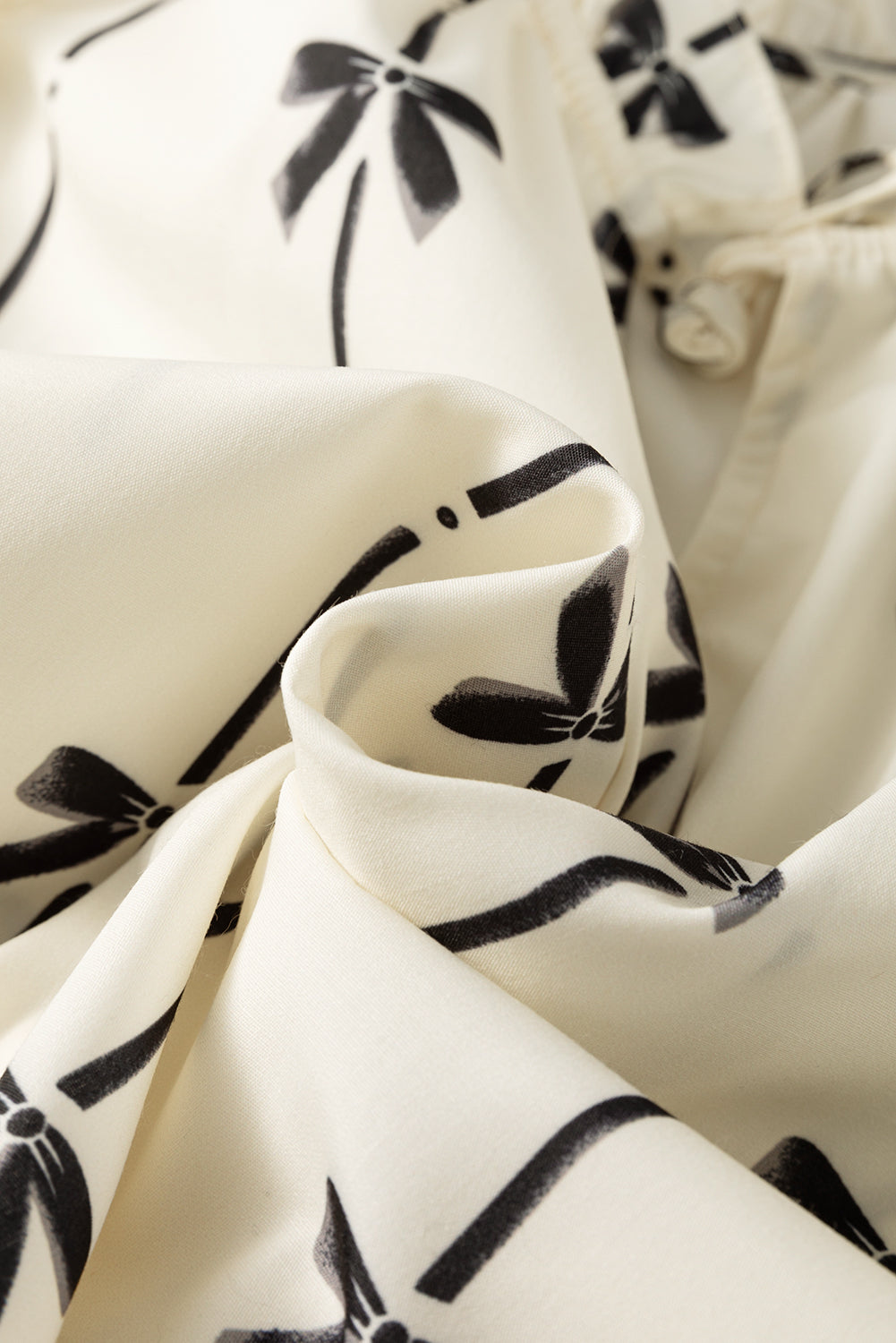 Beige Bow Printed Ruffled Bubble Sleeve Tied Notched V Neck Blouse eAura