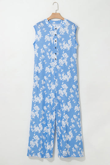 Myosotis Floral Print Half Button Wide Leg Relaxed Sleeveless Jumpsuit eAura