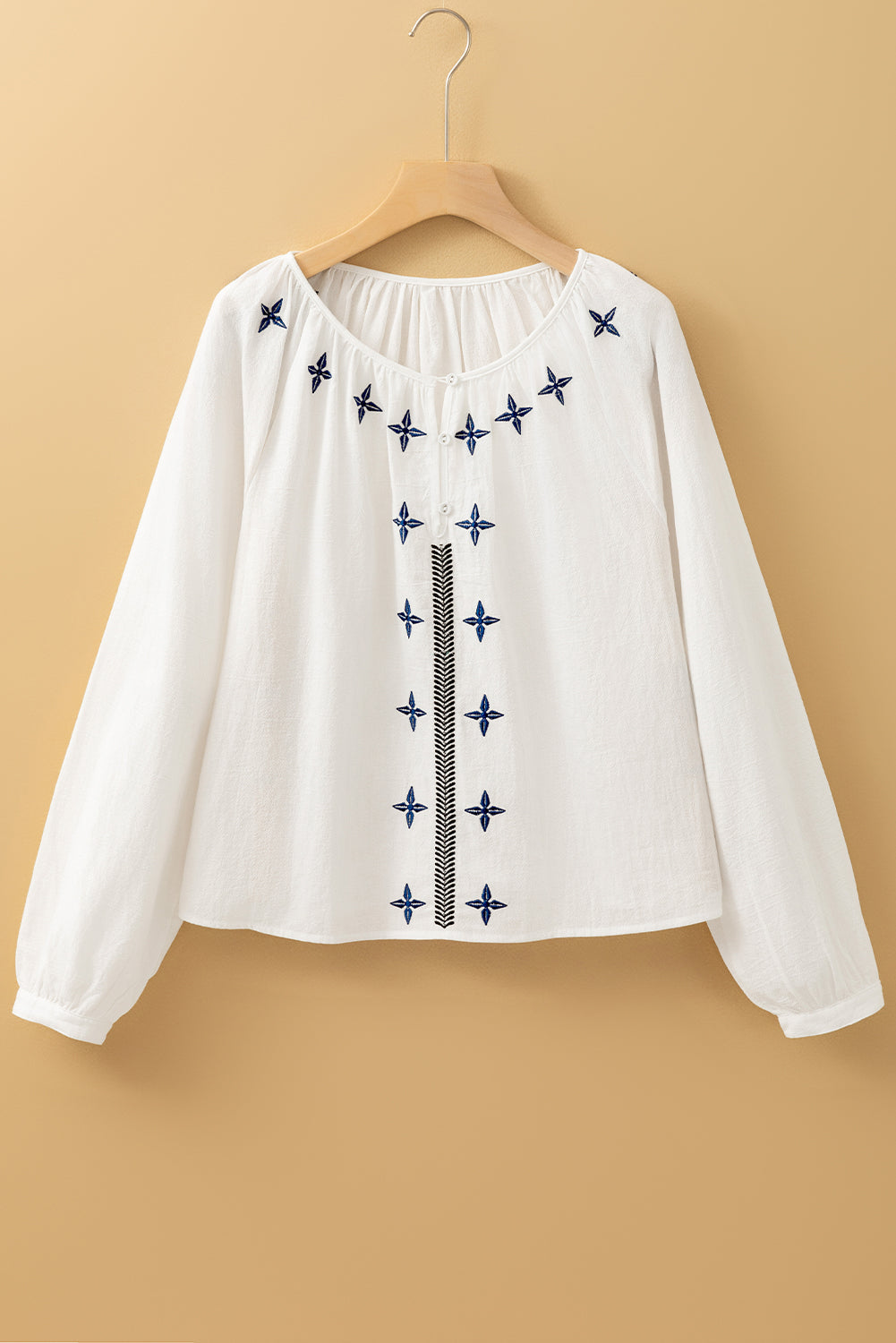 White Geometric Embroidered Long Sleeve Buttoned Blouse eAura