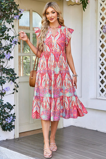 Rose Tribal Paisley Print Ruffled Sleeve Notch Neck Midi Dress eAura
