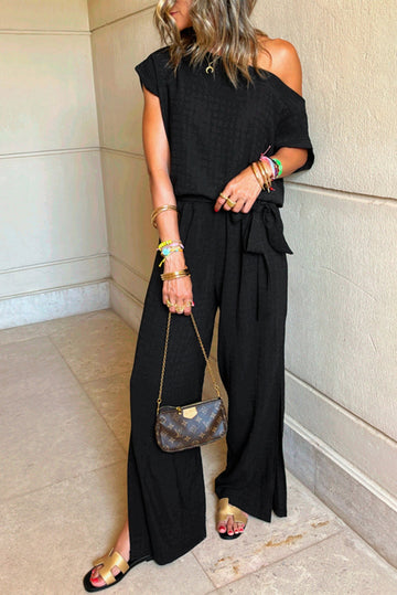 Black Checkered Mesh One Shoulder Short Sleeve Knotted Waist Jumpsuit eAura
