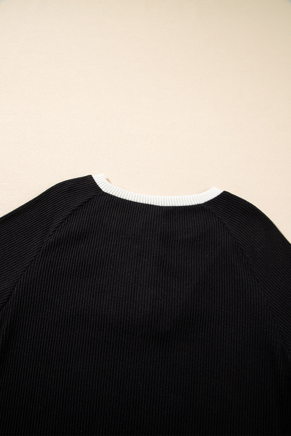 Black Colour Contrast Ribbed Loose Fit Long Sleeve Top eAura