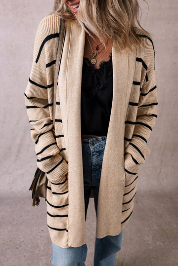 Black Stripe Shawl Neckline Open Cardigan with Pockets eAura