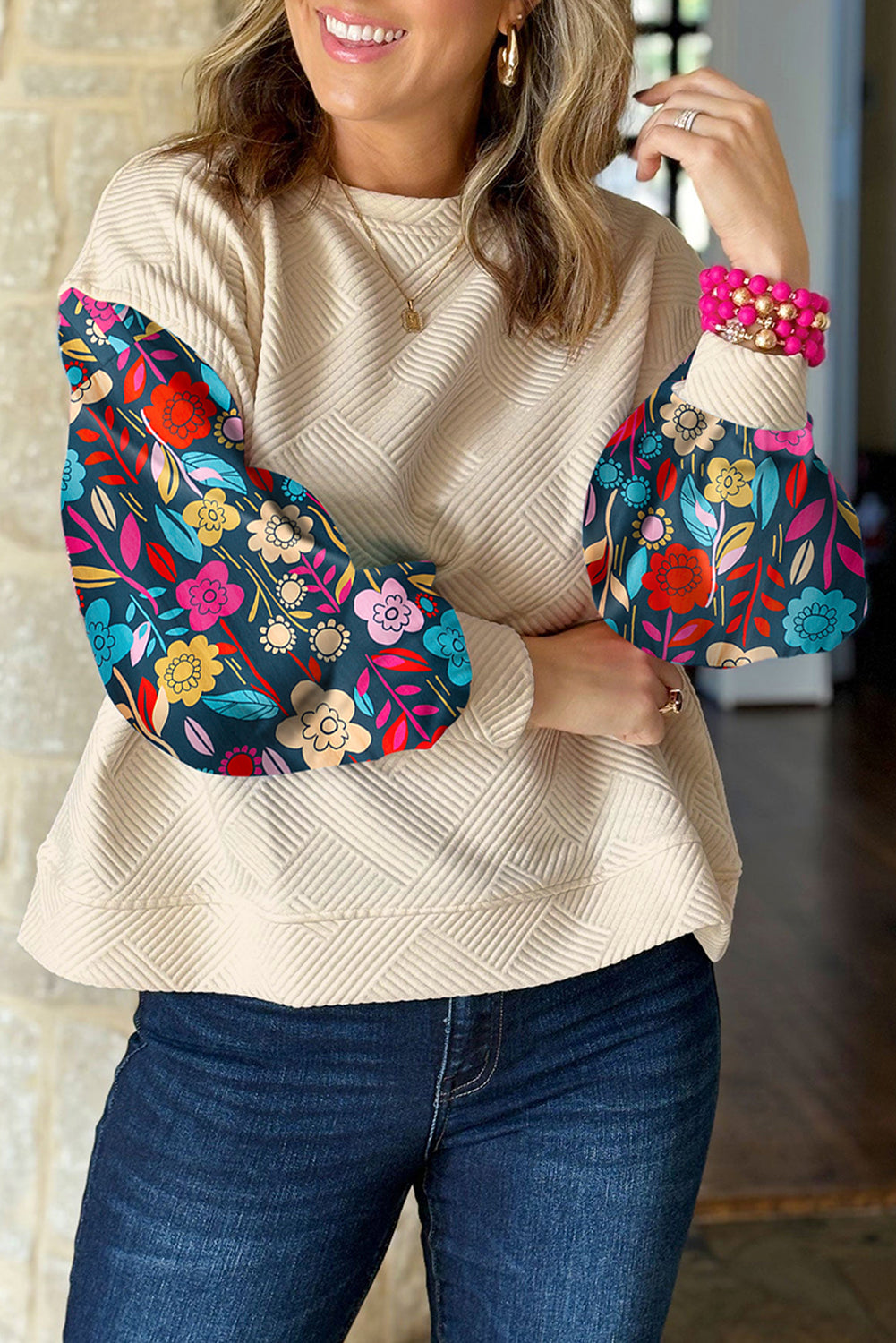 White Contrast Floral Sleeve Textured Drop Shoulder Knit Top eAura