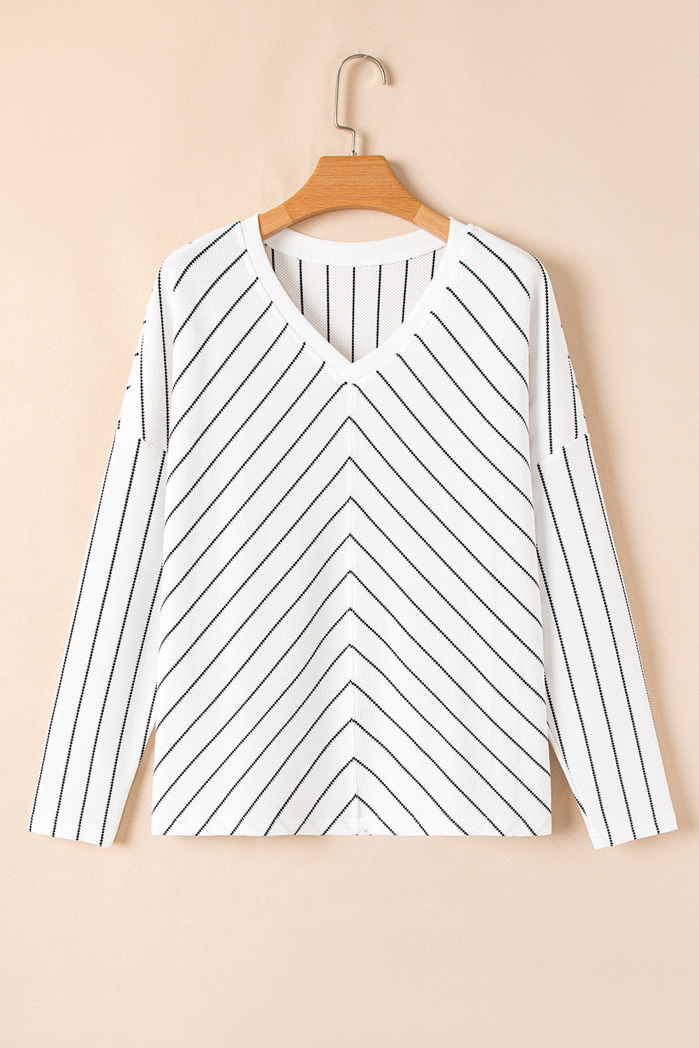 Black Stripe Chevron Striped V Neck Long Sleeve Casual Top eAura