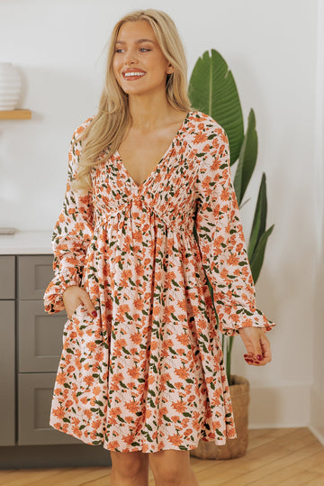 Beige Floral Deep V Neck Smocked Bust Bubble Sleeve Babydoll Dress eAura
