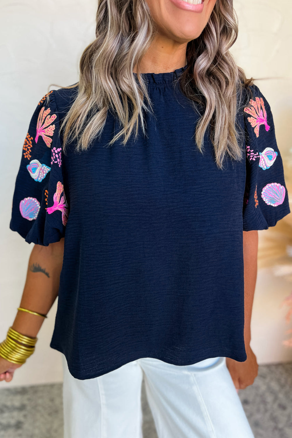 Sail Blue Shellfish Coral Embroidery Puff Sleeve Frilled Neck Blouse eAura