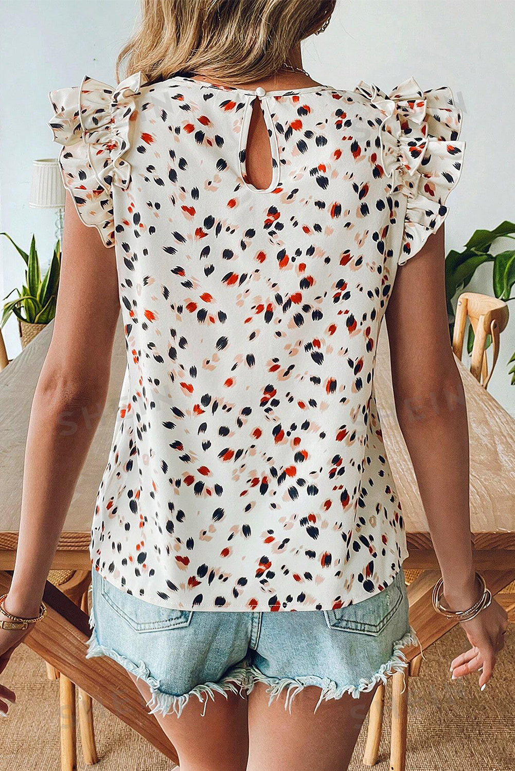 Beige Abstract Print Ruffle Flutter Sleeve Keyhole Back Slim Blouse eAura