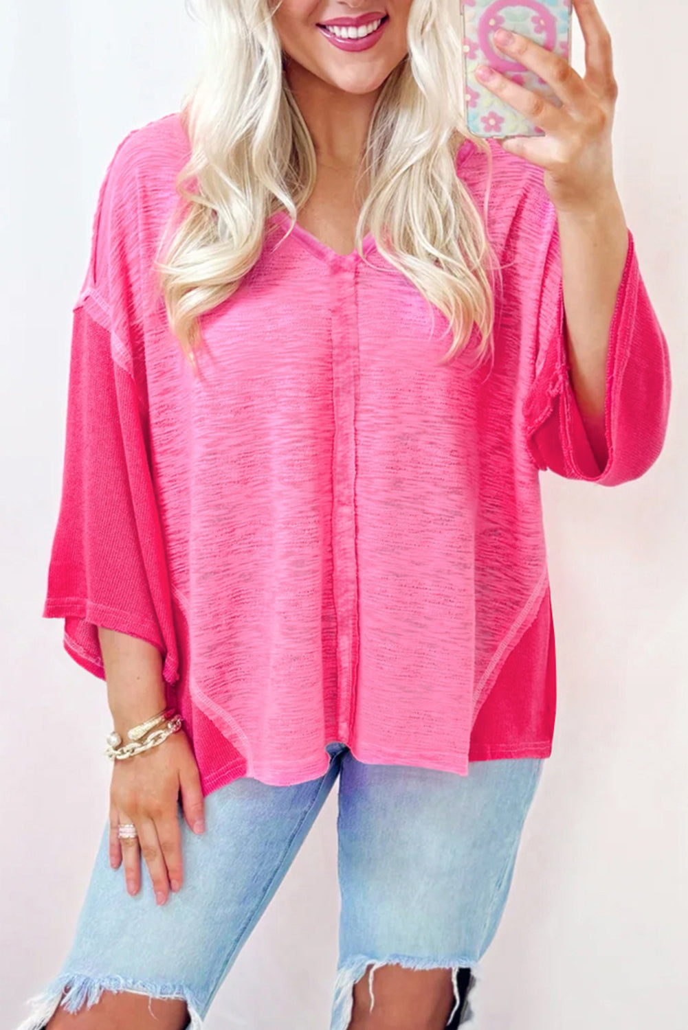 Sachet Pink Contrast Patchwork 3/4 Sleeve V Neck Loose Blouse eAura