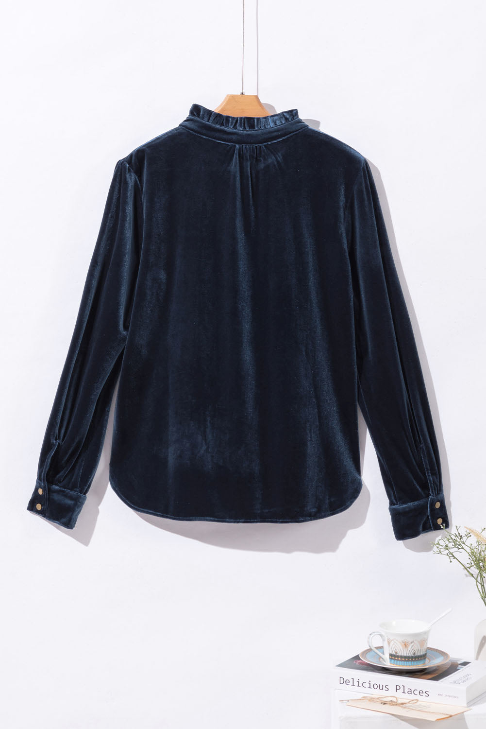 Burgundy Frilled Neck Buttoned Front Velvet Top eAura