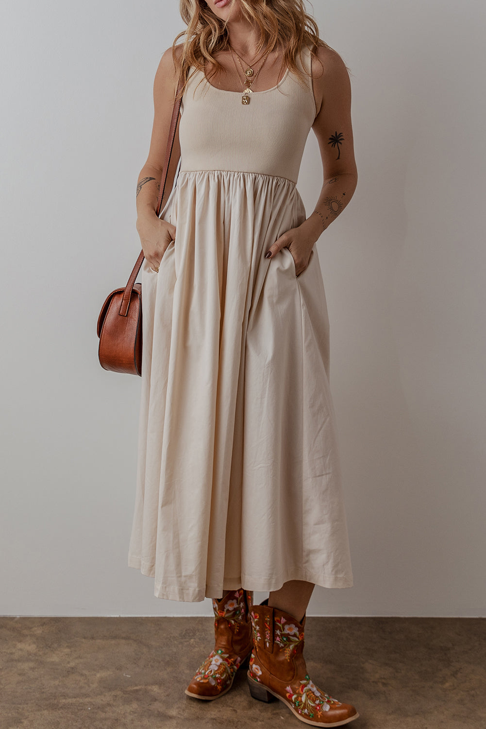 Beige Scoop Neck Ribbed Bodice Pleated Sleeveless Long Dress eAura