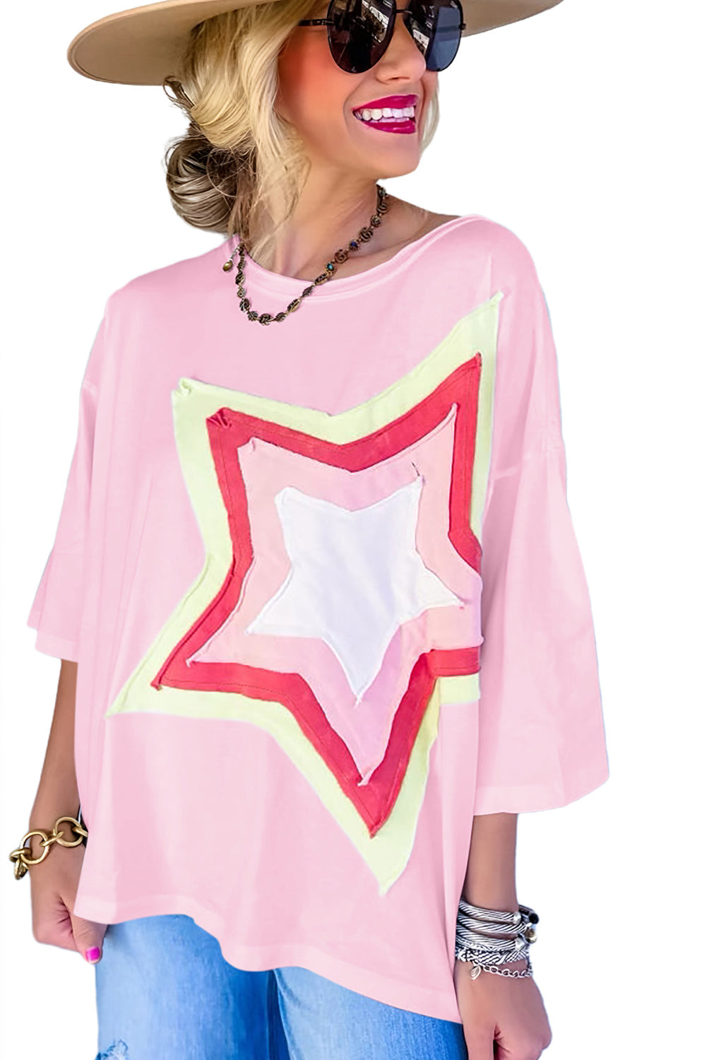White Colourblock Star Patched Half Sleeve Oversized Tee eAura
