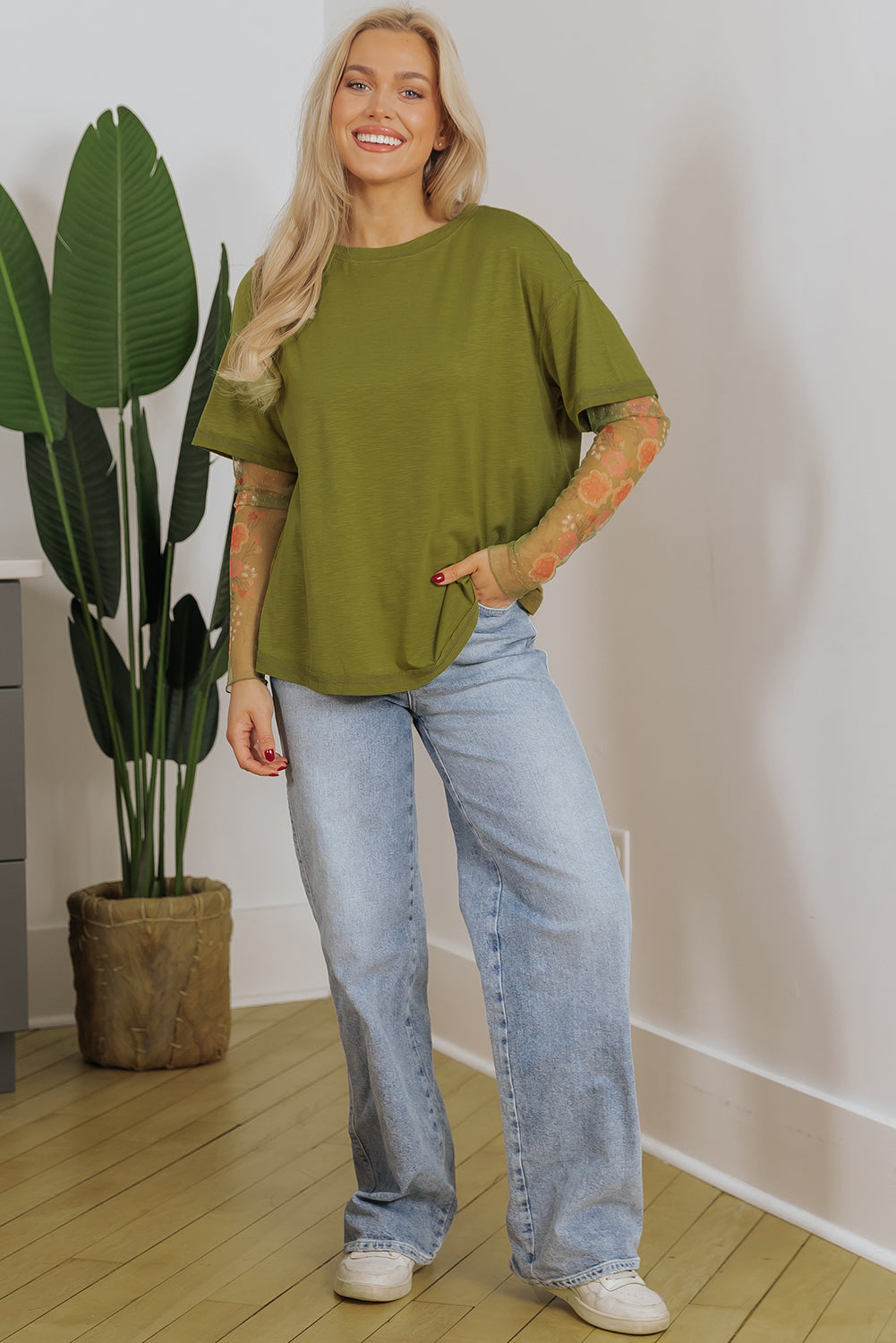 Fern Green Faux Two Piece Floral Long Sleeve Patchwork Tee eAura