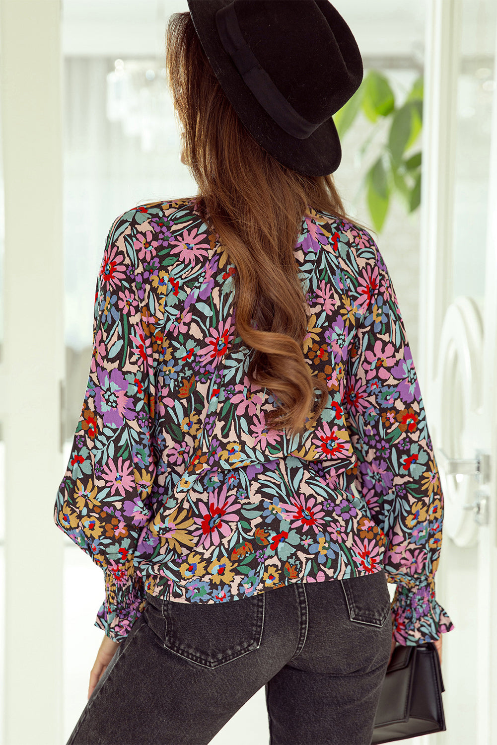 MultiColour Floral Print Ruffled Long Sleeve V-Neck Blouse eAura