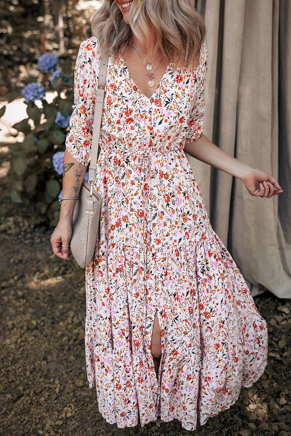 Boho Half Sleeve Floral V-Neck Maxi Dress eAura
