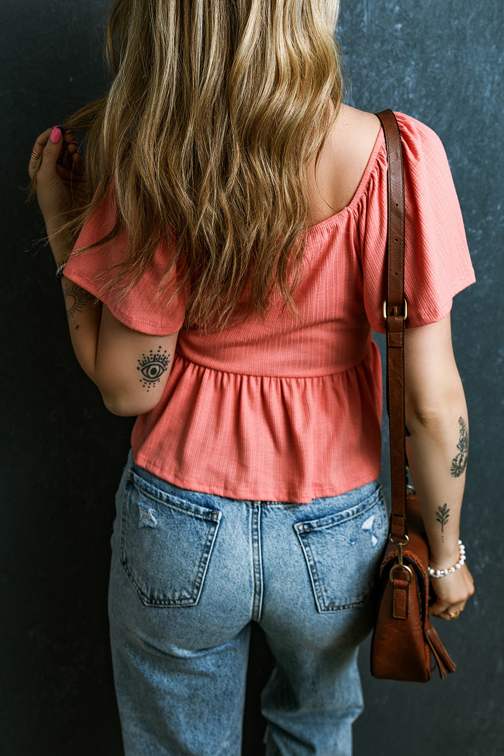 Oatmeal Shirred V Neck Short Flutter Sleeve Textured Blouse eAura