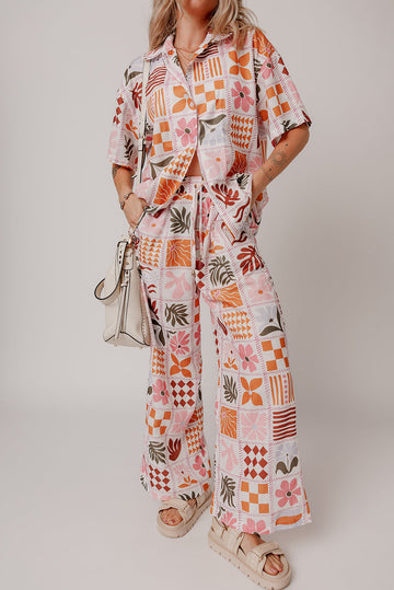 Orange Plant Checkered Print Collared Shirt and Wide Leg Trousers Set eAura
