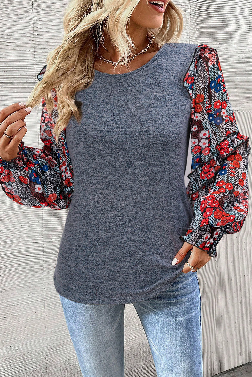 Pale Chestnut Ruffle Tiered Floral Sleeve Crew Neck Blouse eAura