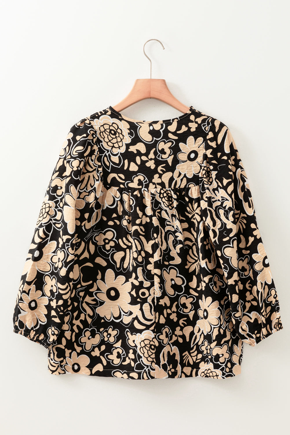 Black Floral Shirred Yoke Bracelet Sleeve Split Neck Boho Blouse eAura