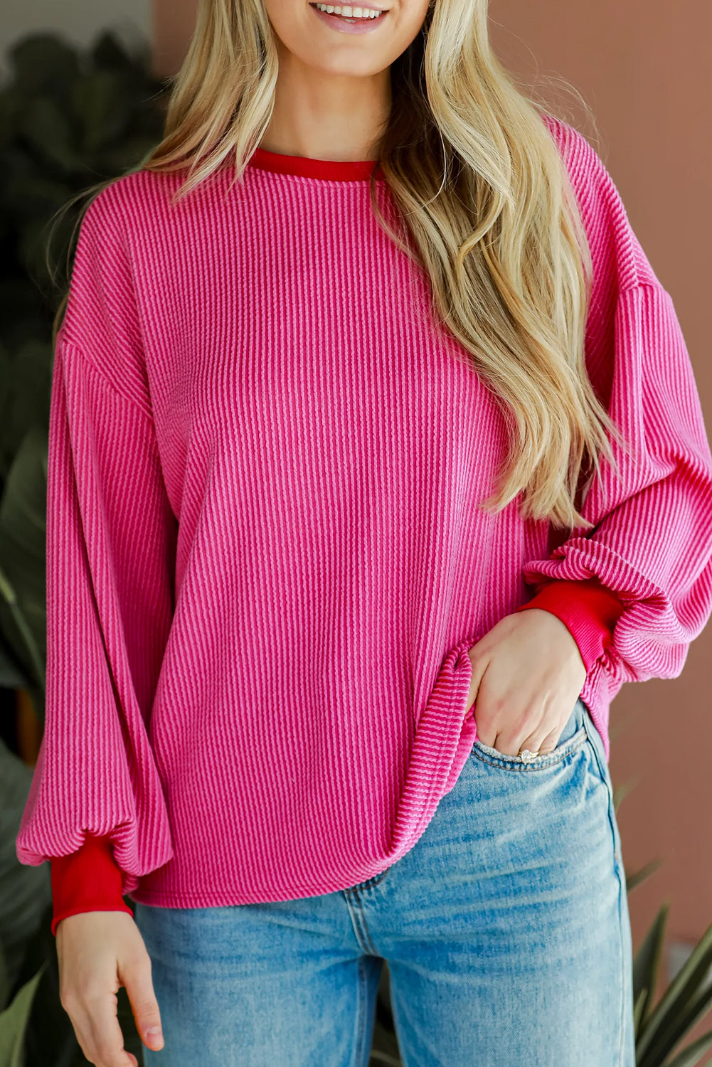 Bright Pink Ribbed Contrast Edge Drop Shoulder Long Sleeve Top eAura