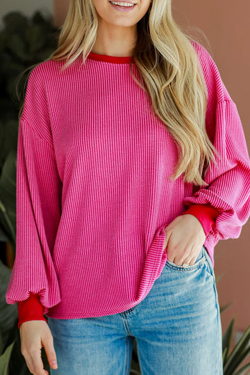 Bright Pink Ribbed Contrast Edge Drop Shoulder Long Sleeve Top eAura