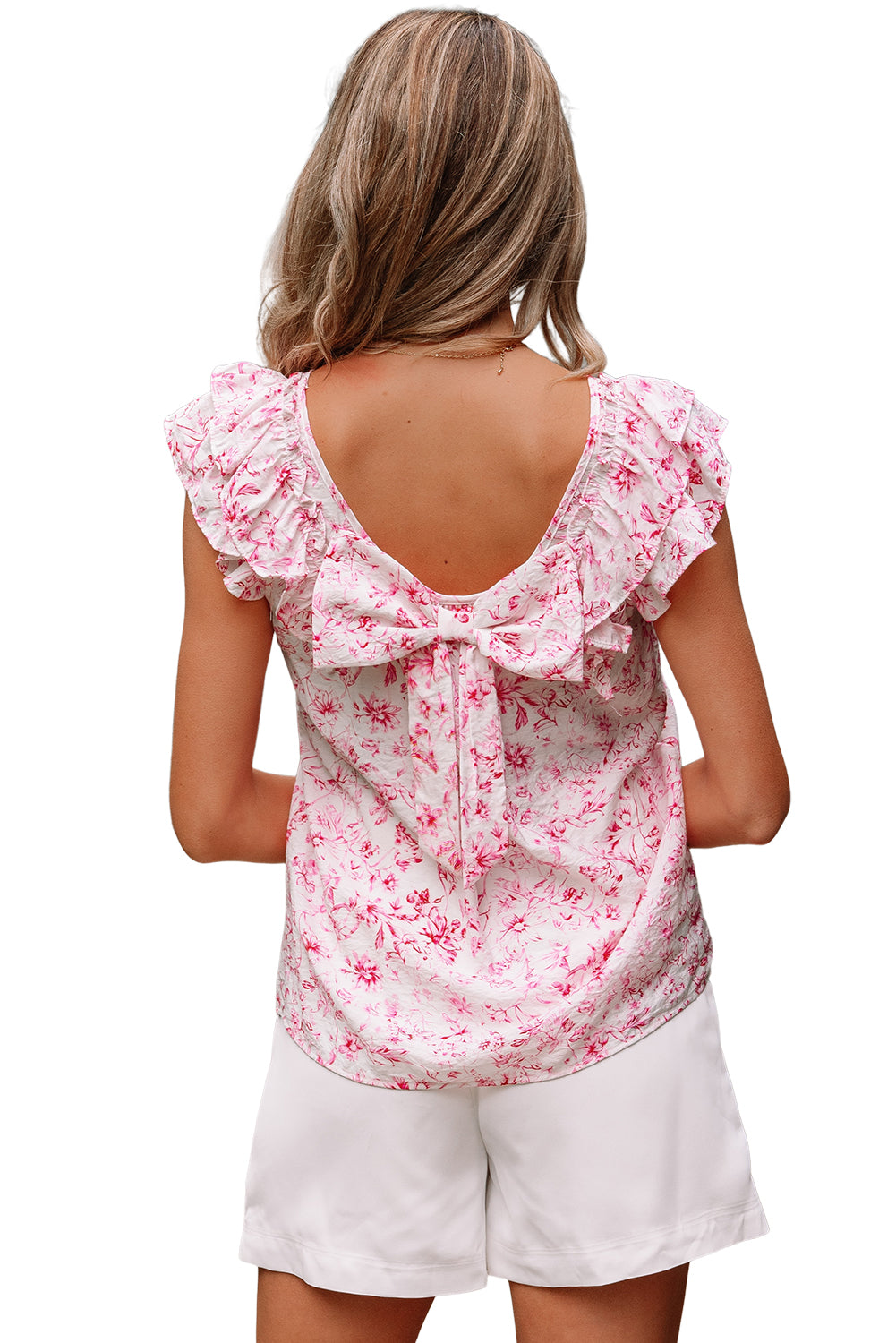 Floral Ruffled Short Sleeve Bow Back Square Neck Blouse eAura