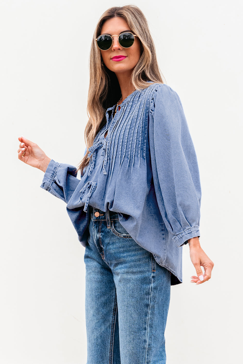 Myosotis Denim Front Pintuck Bow Tie Puff Sleeve Top eAura