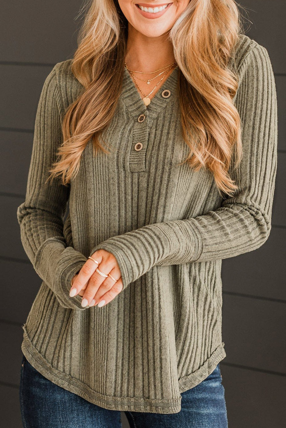 Black V Neck Buttoned Ribbed Knit Top eAura