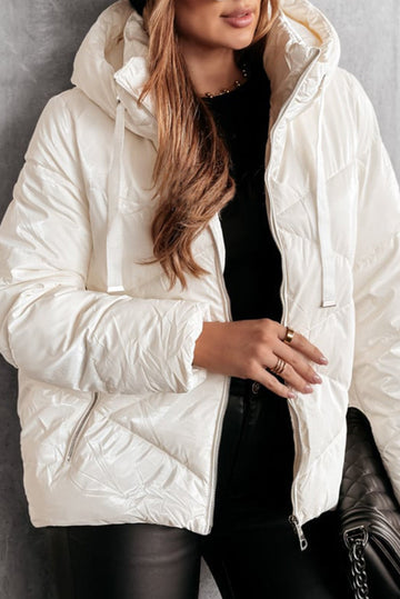 White Solid Quilted Hooded Zip Up Puffer Jackets eAura