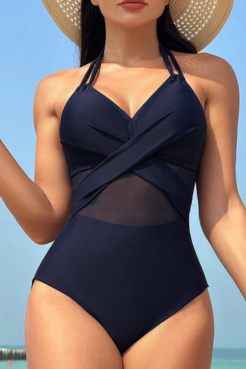 Navy Blue Halter Mesh Insert Cross Front One-Piece Swimsuit BB Fashion Outlet