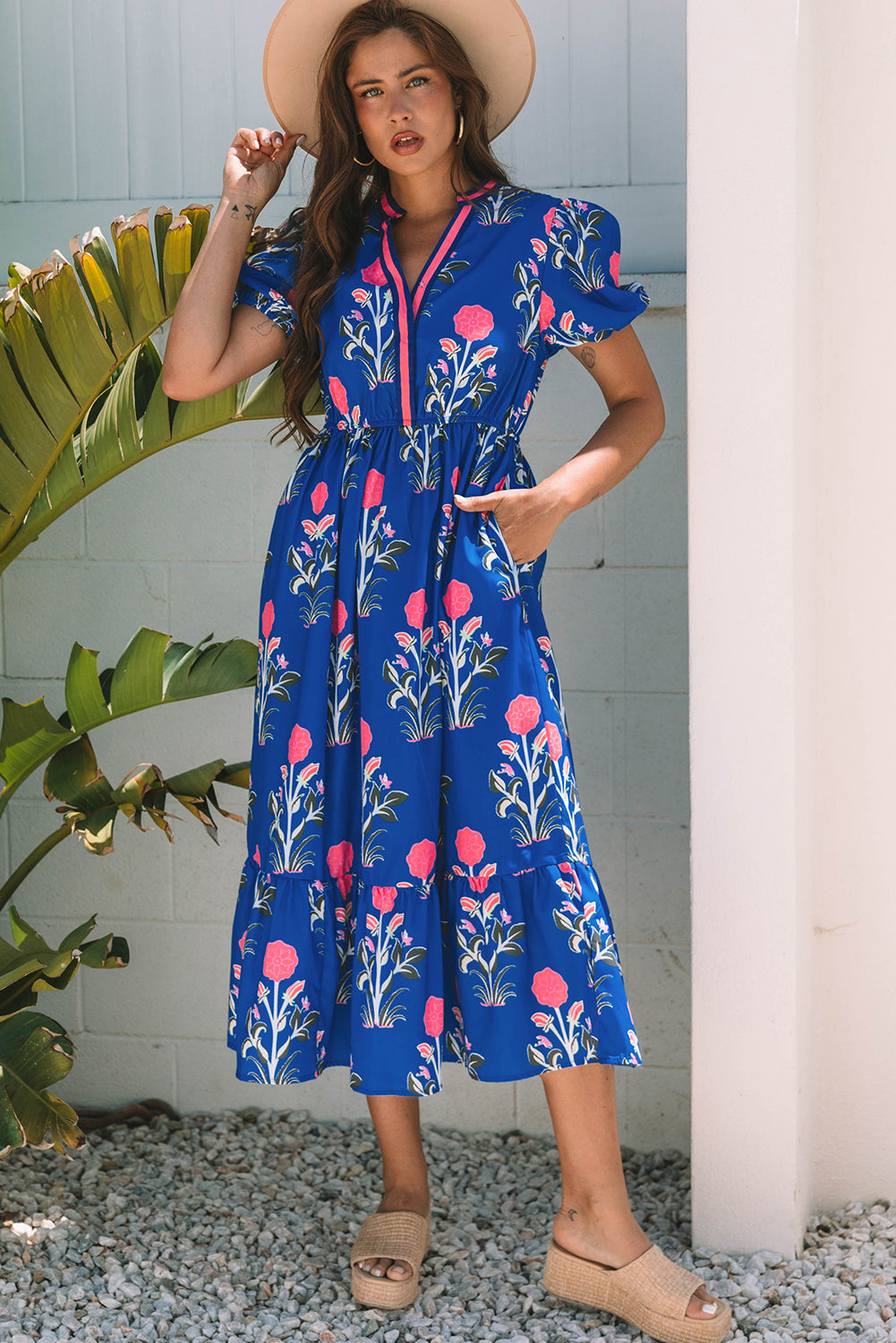Floral Puff Short Sleeve V Neck High Waist Maxi Dress eAura