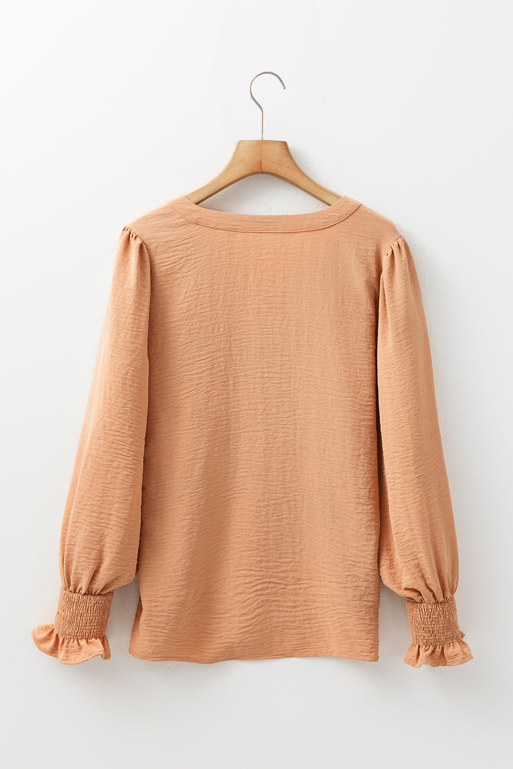 Straw Yellow Solid Colour Shirred Cuff Notch V Neck Blouse eAura