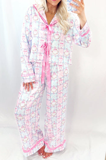 Pink Bow Wreath Pattern Christmas Pyjamas Tied Front Long Sleeve Dear-Lover Dropshipping