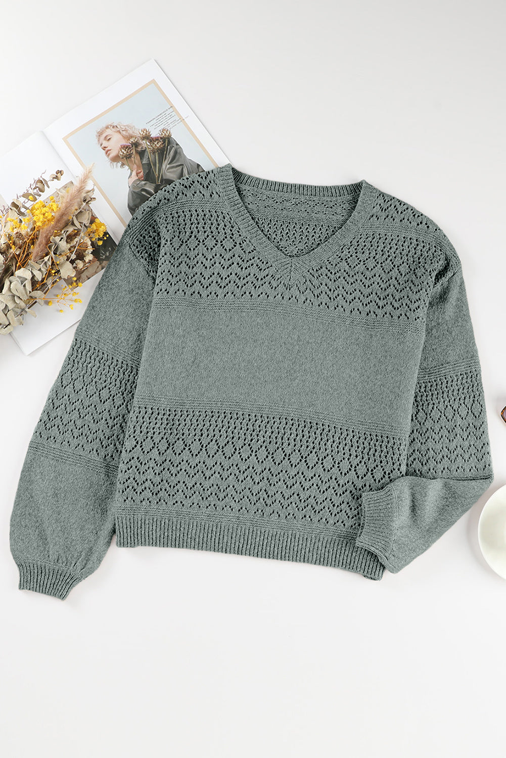 Black Eyelet Pattern Detail V Neck Drop Shoulder Sweater eAura