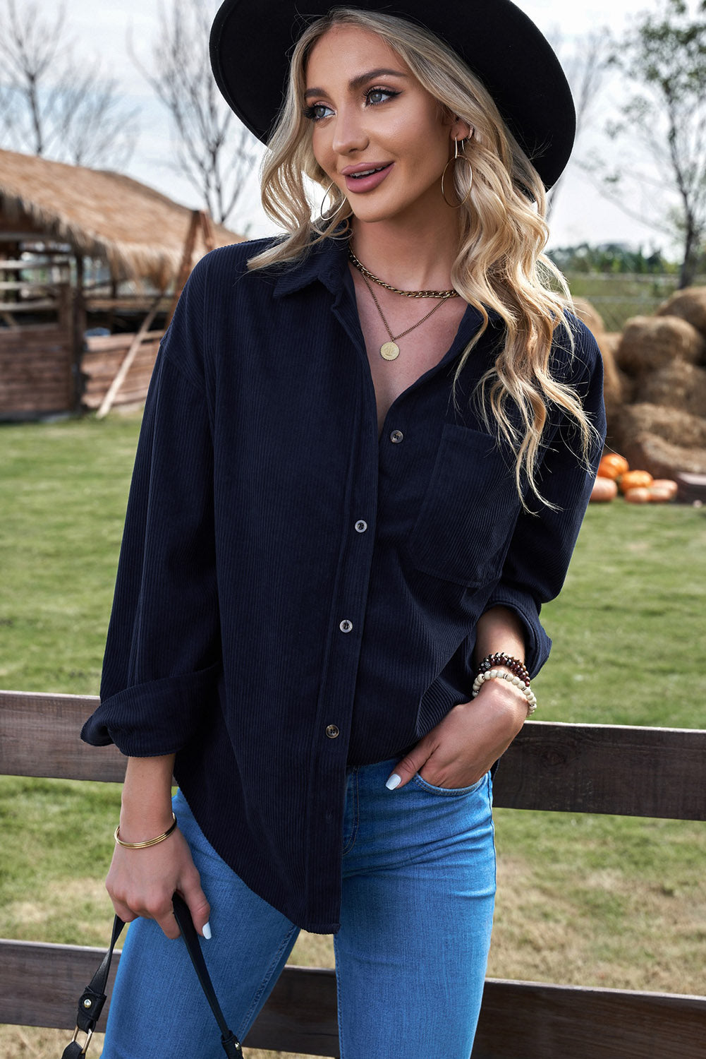 Dark Blue Corduroy Button Pocket Shirt eAura