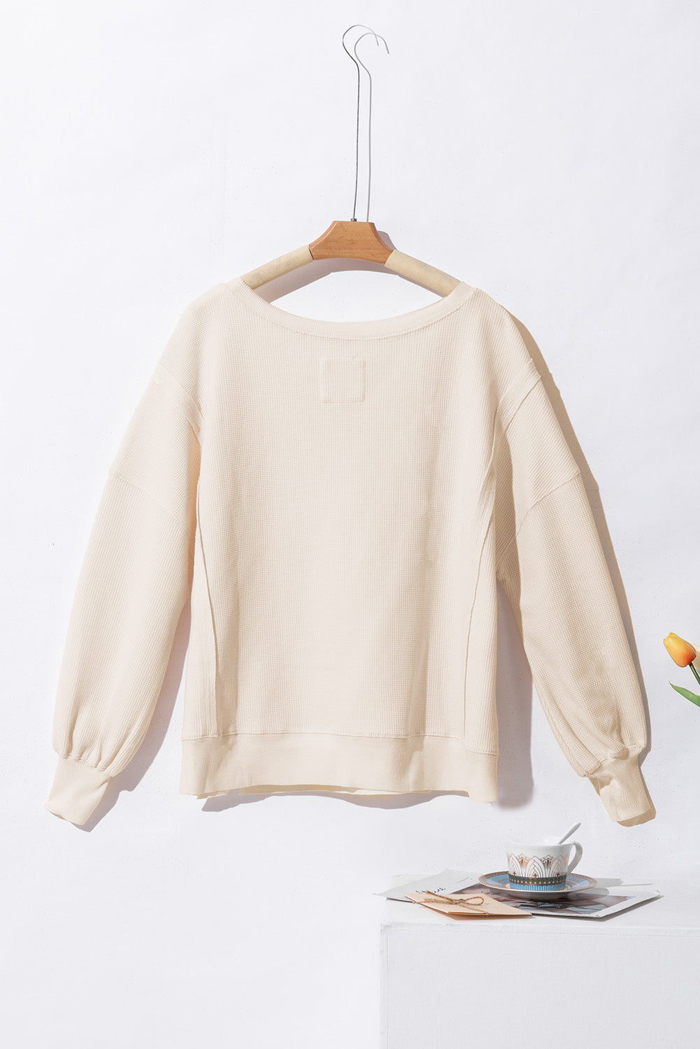 White Waffle knit Bishop Sleeve Split Oversized Top eAura