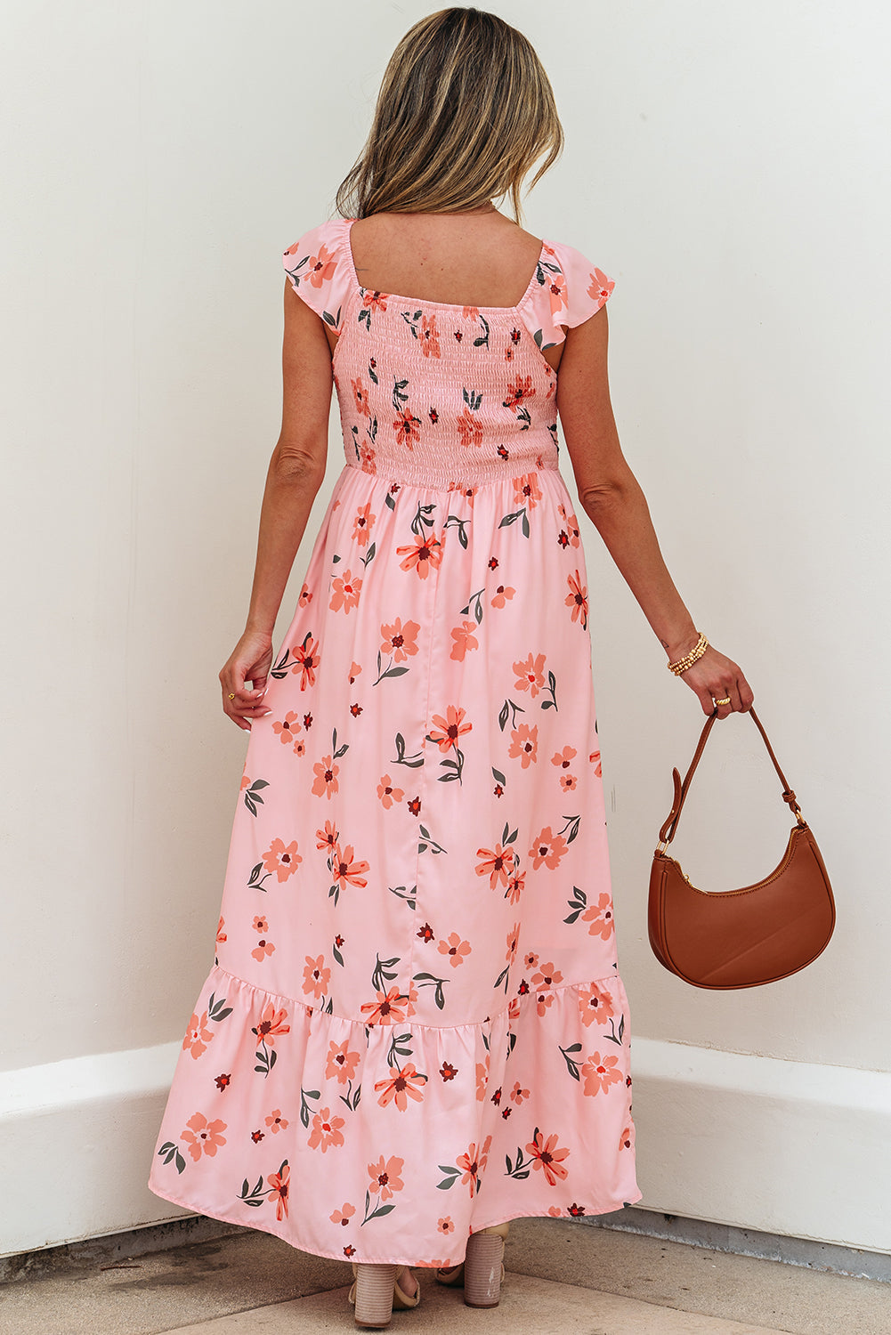 Pink Floral V Neck Smocked Ruffle Hem Maxi Dress eAura