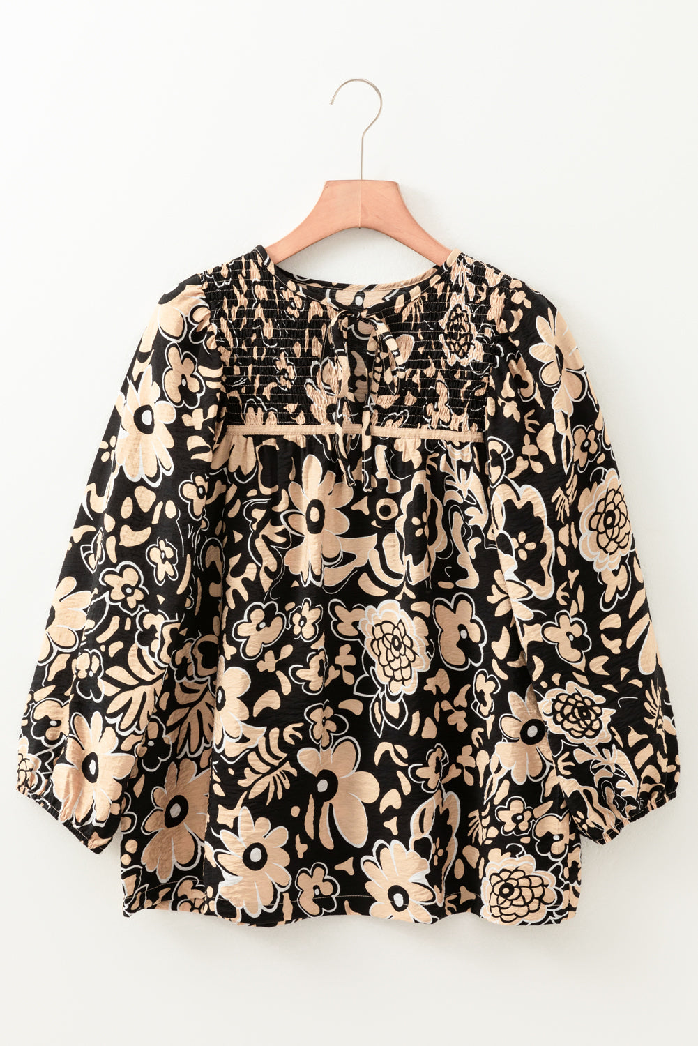 Black Floral Shirred Yoke Bracelet Sleeve Split Neck Boho Blouse eAura
