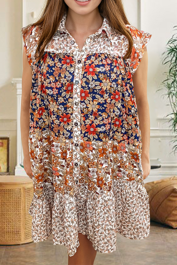 Beige Plus Size Floral Patchwork Button Front Collared Mini Dress BB Fashion Outlet