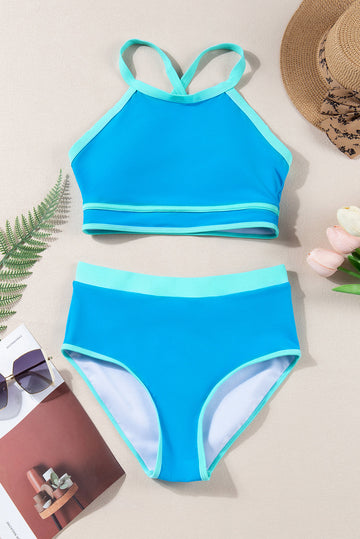 Blue Contrast Trim Crisscross Back High Waisted Bikini eAura