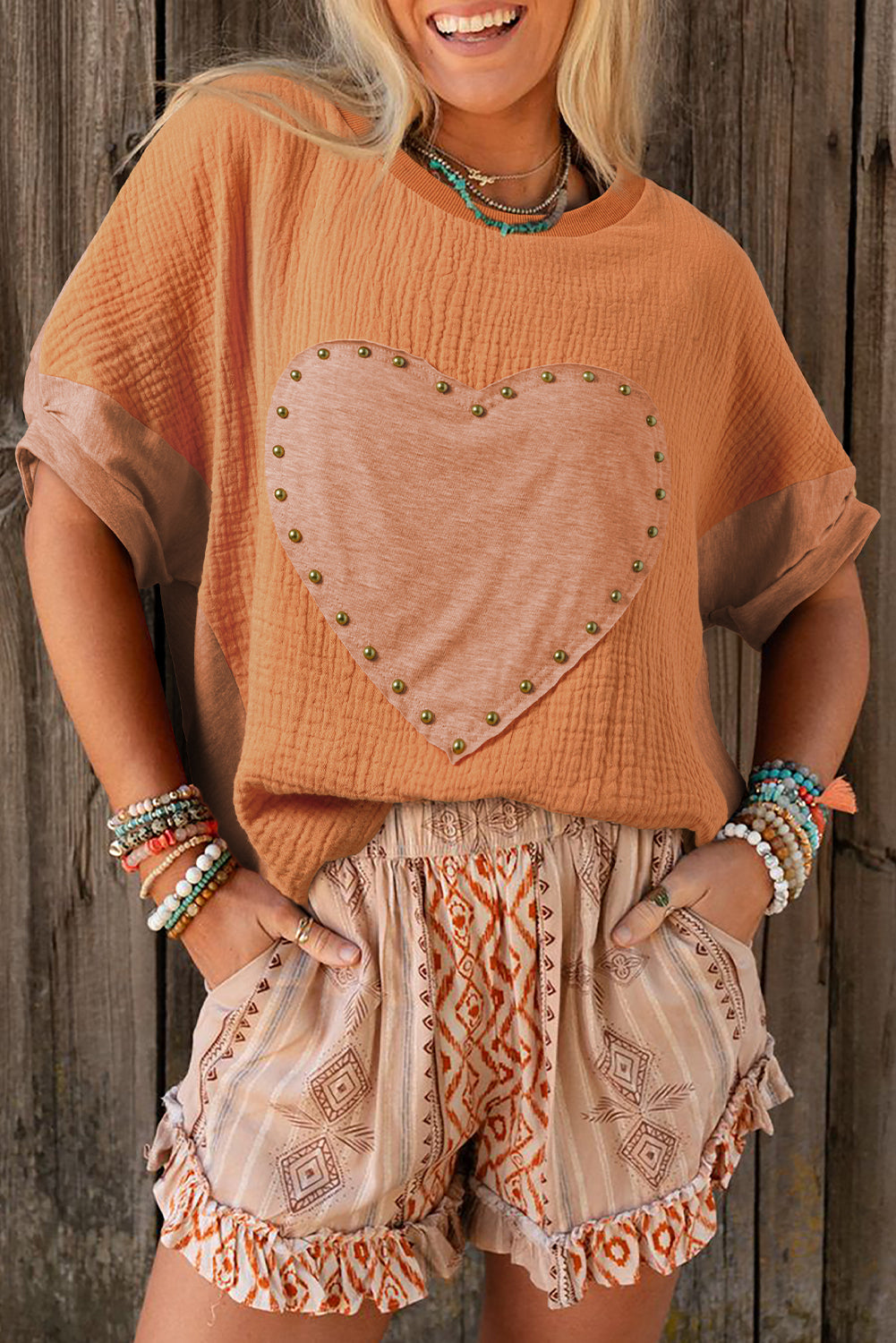 Desert Gold Stud Heart Patch Textured Front Dolman Top eAura