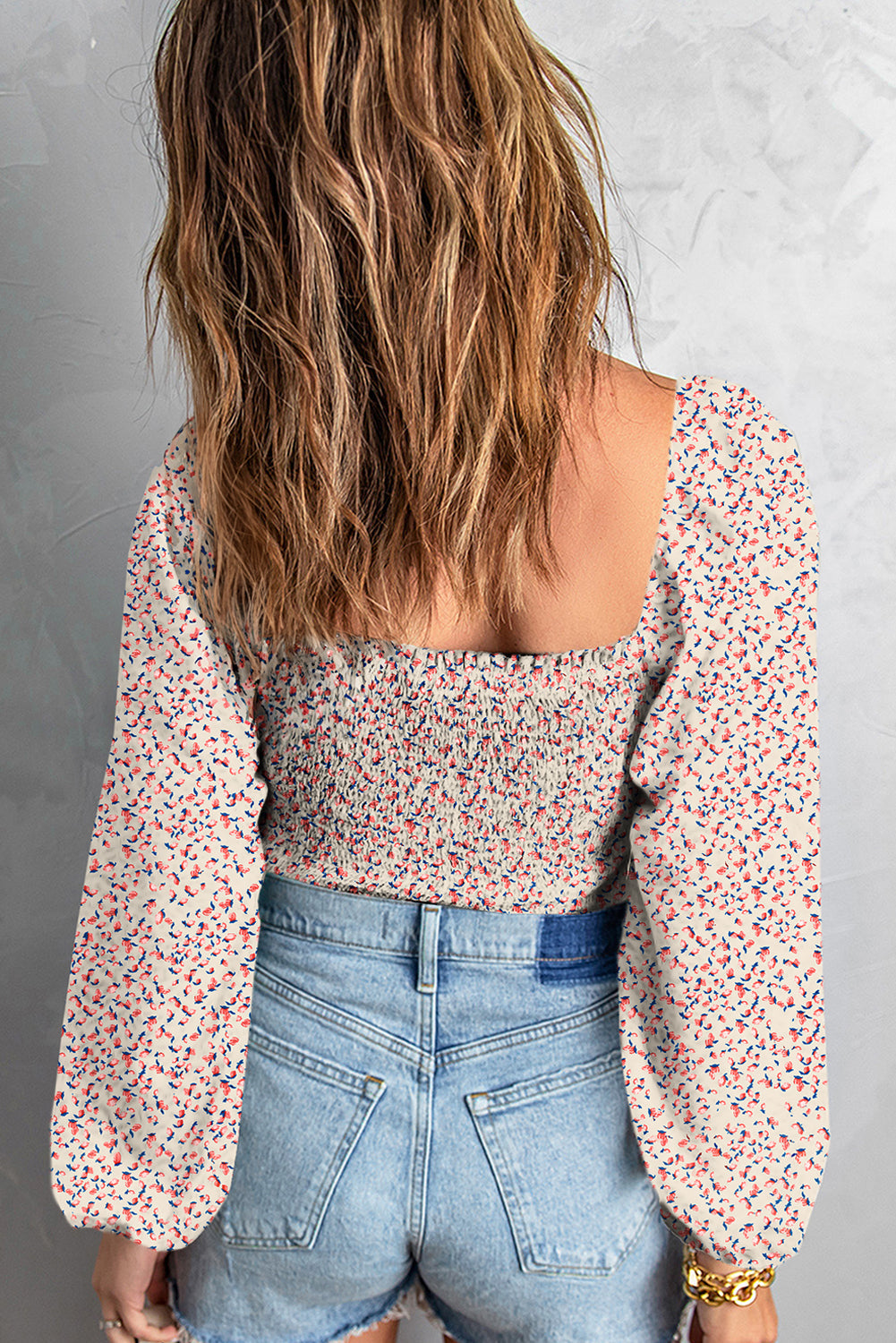 Apricot Square Neck Puff Sleeve Floral Smocked Top eAura