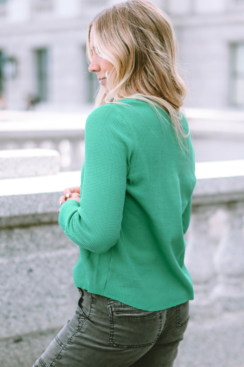 Green Trimmed Neckline Waffle Knit Henley Top eAura