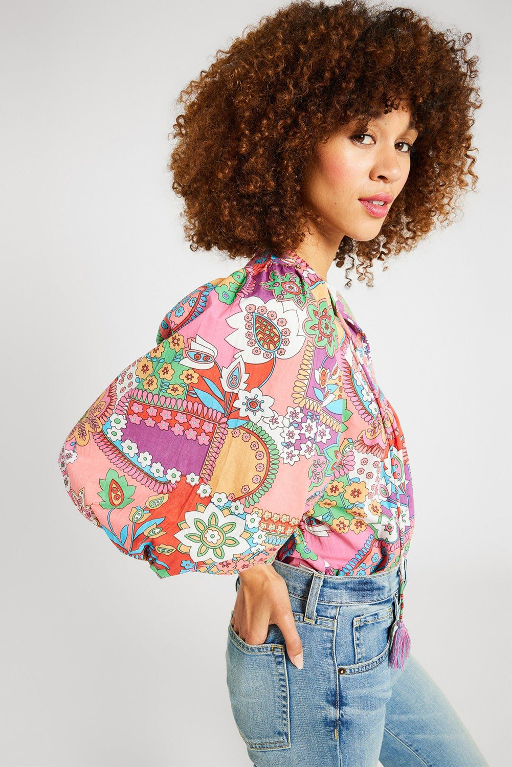 Multicolour Boho Floral Bubble Sleeve Tassel Tied Neck Pleated Blouse eAura