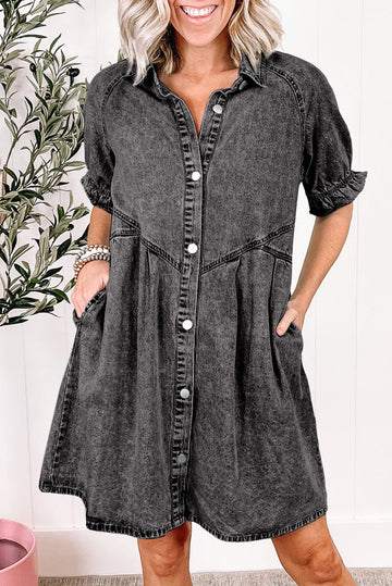 Medium Grey Mineral Wash Ruffled Short Sleeve Buttoned Denim Dress eAura