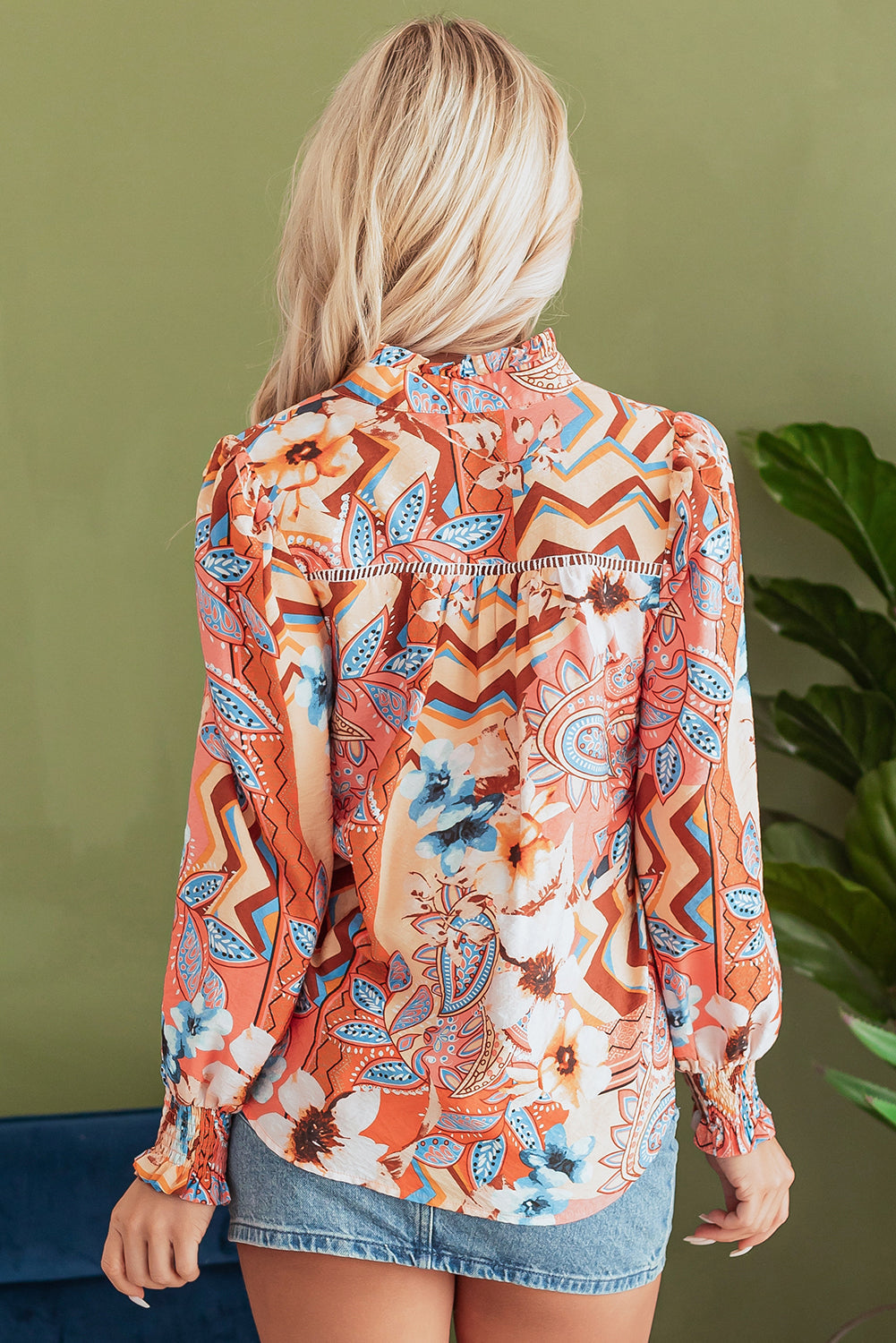 Orange Floral Print Shirred Cuff Buttoned Loose Shirt eAura