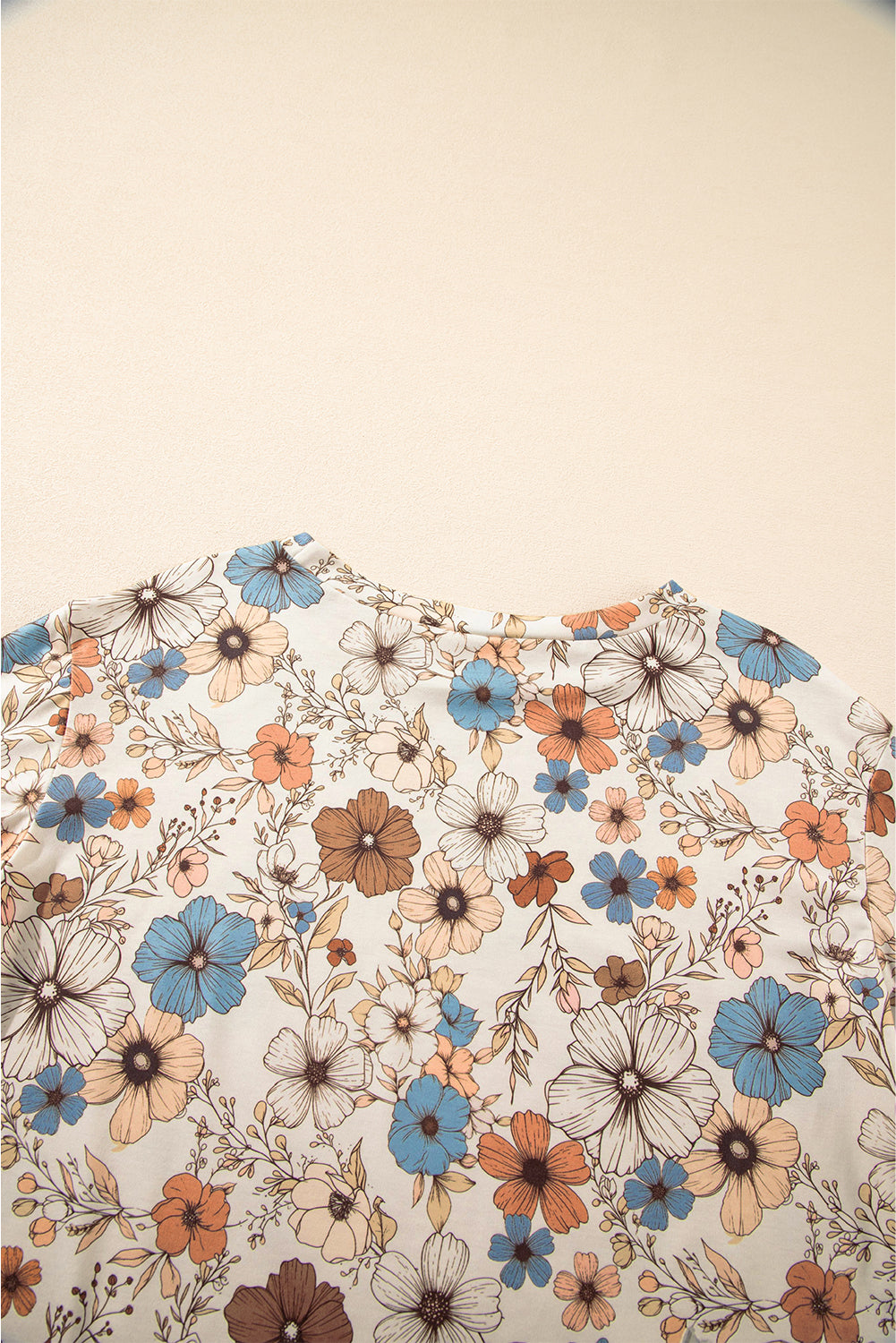 Khaki Floral Print Loose Crew Neck Long Sleeve T Shirt eAura