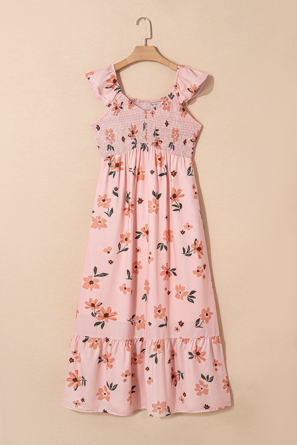 Pink Floral V Neck Smocked Ruffle Hem Maxi Dress eAura